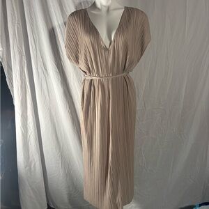 Zara Tan Pleated Midi Sundress V-Neck Cap Sleeve